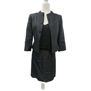 Tahari Womens Black 3 Piece Suit Skirt Blazer Shirt Size 6 Wool/Silk Blend